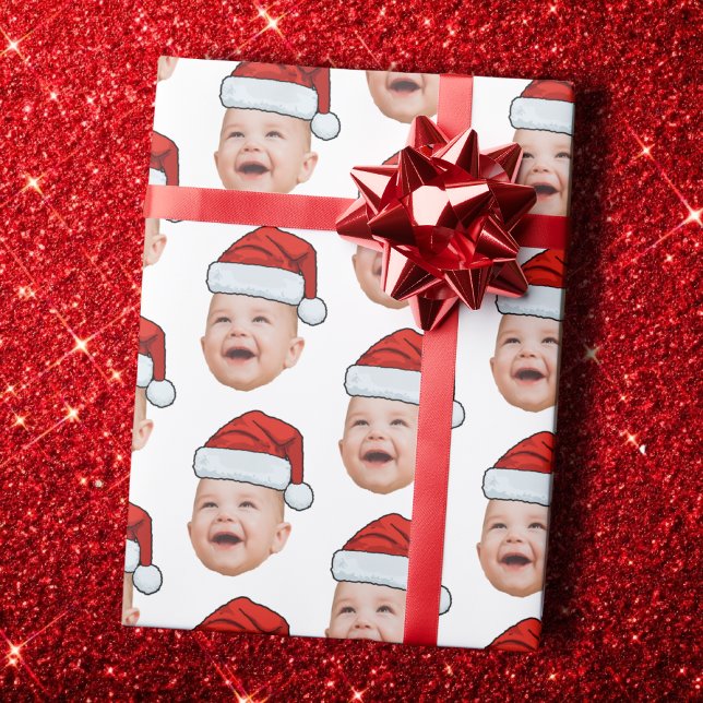 Papier Cadeau Custom Baby Face Photo Santa Hat Christmas White (Créateur téléchargé)