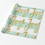 Papier Cadeau Custom Christmas Holiday Saleting Mint Joy.<br><div class="desc">Papier d'enveloppement de voeux de Noël personnalisé.
Gold Joy est le salut dans une police moderne est sur l'avant de ce design brun vert menthe et or stripe.</div>