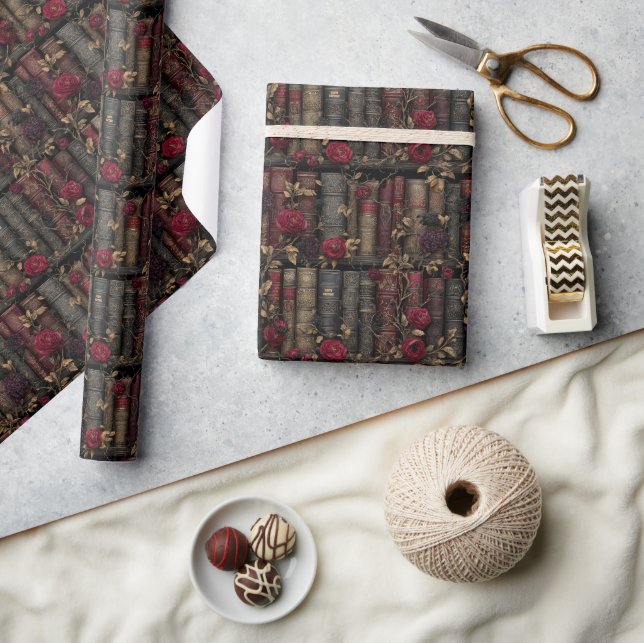 Papier Cadeau Custom Dark Academia Roses & Antique Library Book (Artisanat)