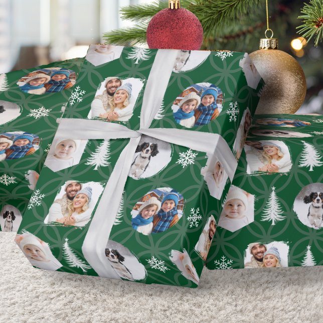 Papier Cadeau Custom Family Photo Collage Green Christmas (Custom multi-photo Christmas gift wrap, in green with geometric pattern, trees and snowflakes)