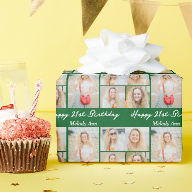 Papier Cadeau Custom Green Happy Birthday Photo Collage (Fête d'anniversaire)