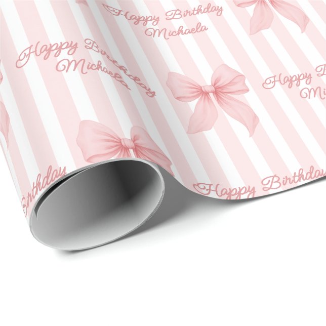 Papier Cadeau Custom Message Pink Coquette Bows Happy Birthday (Coin rond)