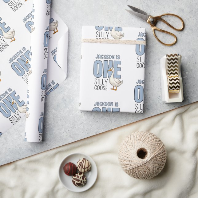 Papier Cadeau Custom Modern Blue One Silly Goose First Birthday (Artisanat)