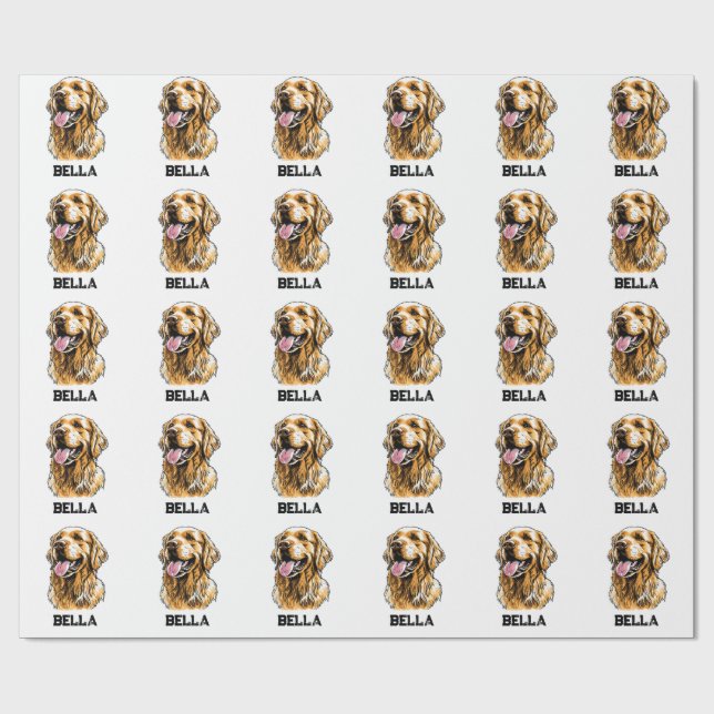 Papier Cadeau Custom Name Golden Retriever Dog Portrait Funny  (Plat)