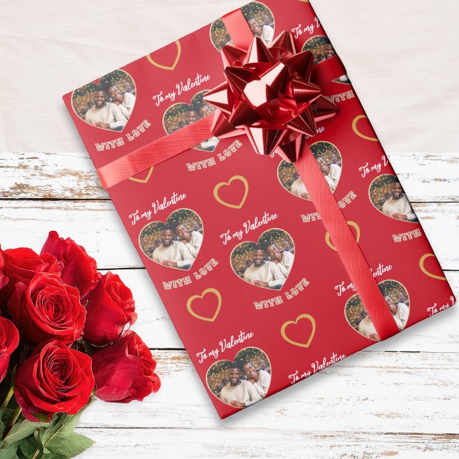 Papier Cadeau Custom Photo Hearts Pattern Red Gold Valentine (Gift wrap in red and faux gold with 'To my Valentine with love' words and custom photo hearts)