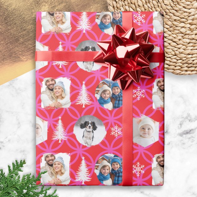 Papier Cadeau Custom Photo Red Christmas Holiday (Red Christmas wrapping paper with pink geometric pattern, personalized with four of your own photos)