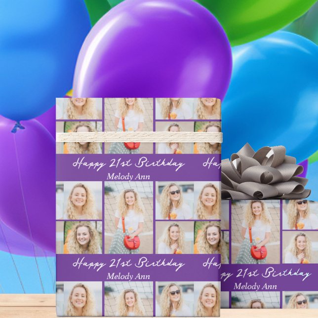 Papier Cadeau Custom Purple Happy Birthday Photo Collage (Créateur téléchargé)