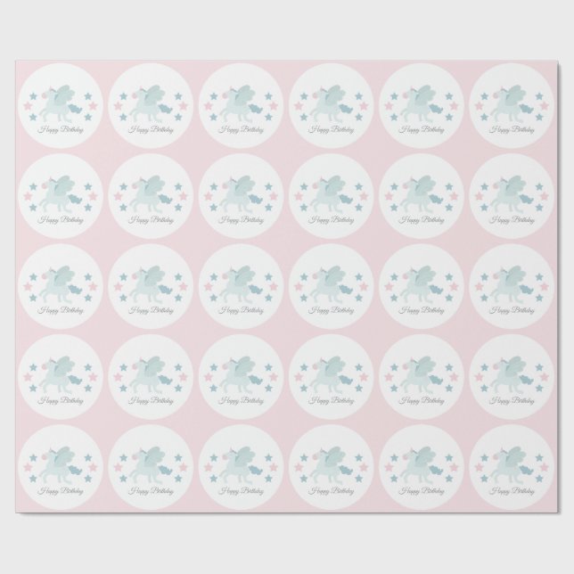 Papier Cadeau Custom Unicorn Cute Pink Blue Happy Birthday  (Plat)