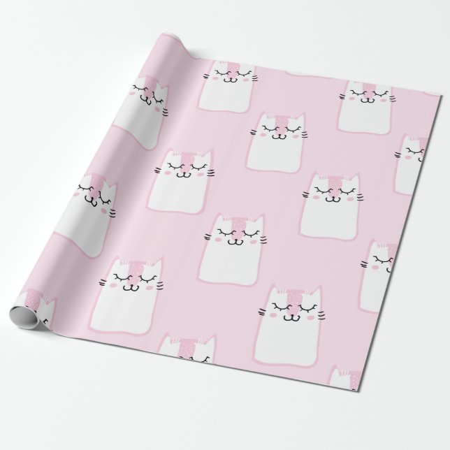 Papier Cadeau Cute adorable rose Chats blancs Kittens Motif | (Déroulé)