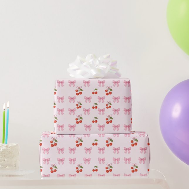 Papier Cadeau Cute Aquarelle Cerry Bow Coquette Motif (Cadeaux de fête)