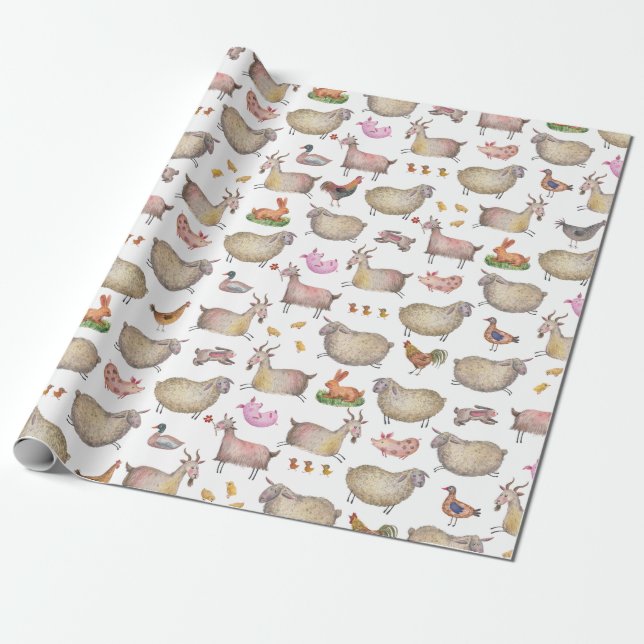 Papier Cadeau Cute Aquarelle ferme Grange Animaux Motif (Déroulé)