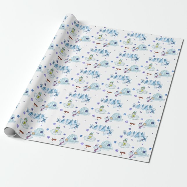 Papier Cadeau Cute aquarelle Ours polaire Motif de Noël (Déroulé)