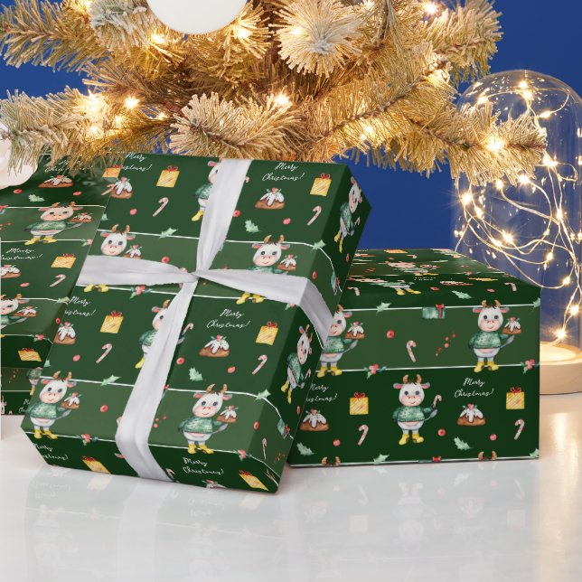 Papier Cadeau Cute Aquarelle Vache tenant Bundt Gâteau Noël (Vacances)