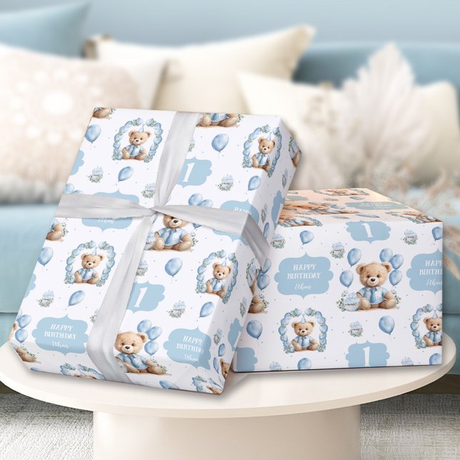 Papier Cadeau Cute Bear Bleu 1er Anniversaire Nom Papier d'envel (Cute Bear Blue 1st Birthday Name Wrapping Paper)