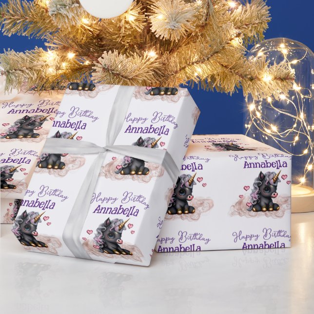 Papier Cadeau Cute Black Baby Unicorne et Coeurs (Vacances)