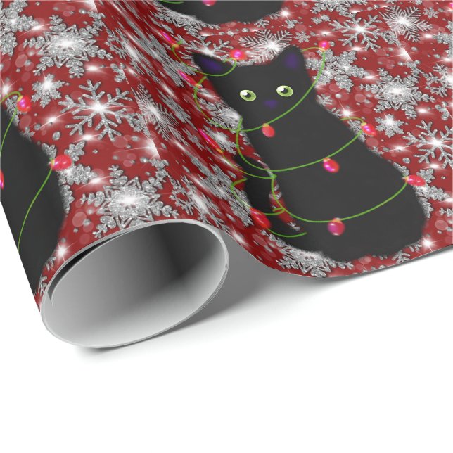 Papier Cadeau Cute black cat Meowy Christmas sparkling snowflake (Coin rond)