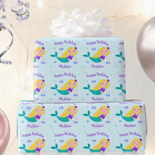 Papier Cadeau Cute Blonde Purple Sirène Personnalisée Anniversai