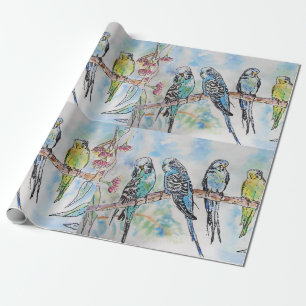 Papier Cadeau Cute Blue Budgie birds art Watercolor Wrapper