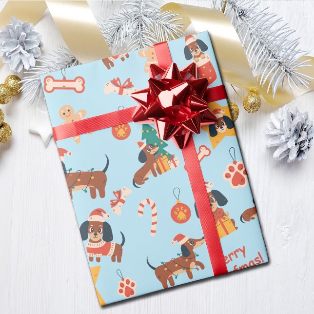 Papier Cadeau Cute Blue Christmas Dachshund Merry Woofmas (Cute festive Dachshund wrapping paper in blue, perfect for Dachshund dog lovers and the pups too!)