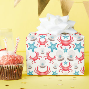 Papier Cadeau Cute Blue Coastal Seaside Crab & Shell Motif