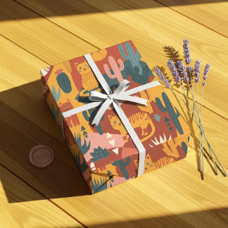 Papier Cadeau Cute Boho Desert Cats Cactus Succulent Pattern