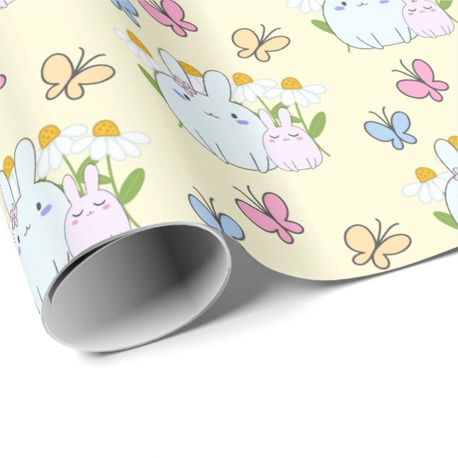 Papier Cadeau Cute Bunnies avec marguerites et papillons Motif (Coin rond)
