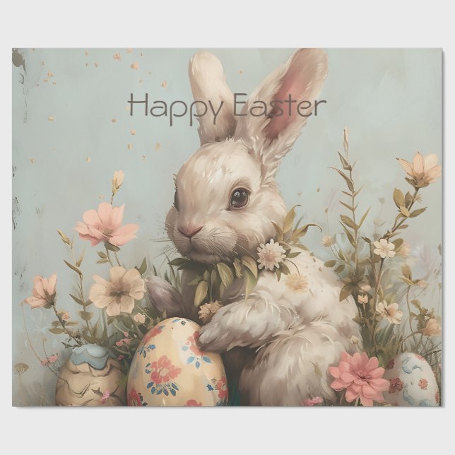 Papier Cadeau Cute Bunny Eggs Flowers Easter  (Plat)
