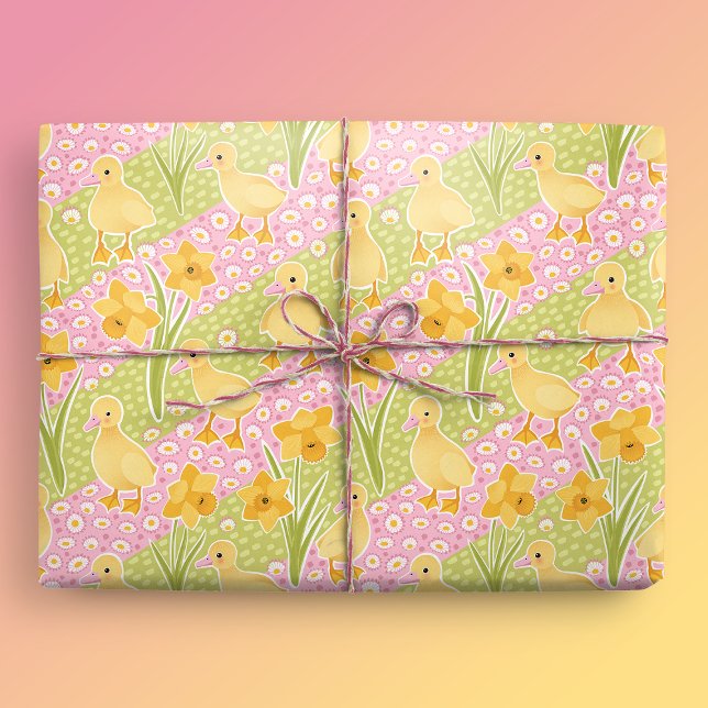 Papier Cadeau Cute canettes et jonquilles Pâques (Cute Ducklings and Daffodils Gift Mockup)