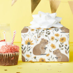 Papier Cadeau Cute Capybara Tournesol Floral