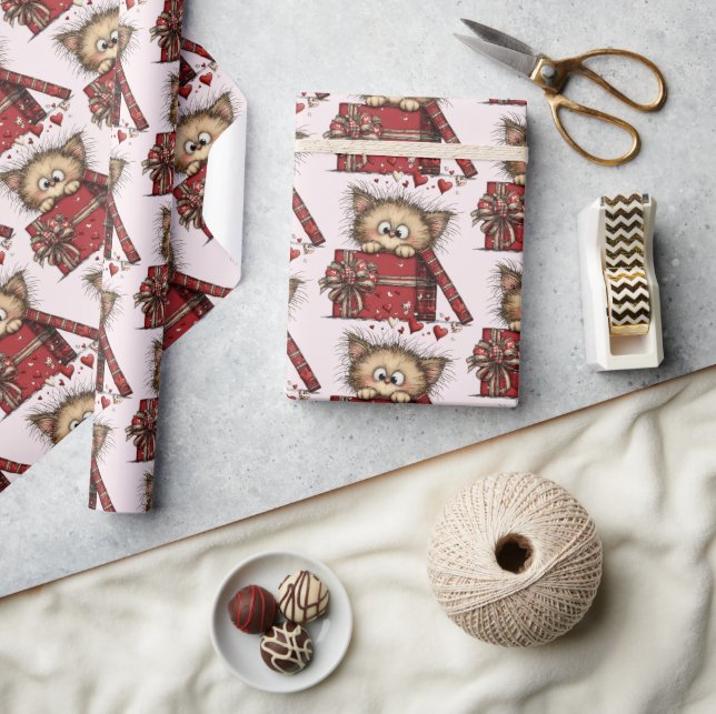 Papier Cadeau Cute Cartoon Kitten in a Box with Hearts Pattern (Artisanat)