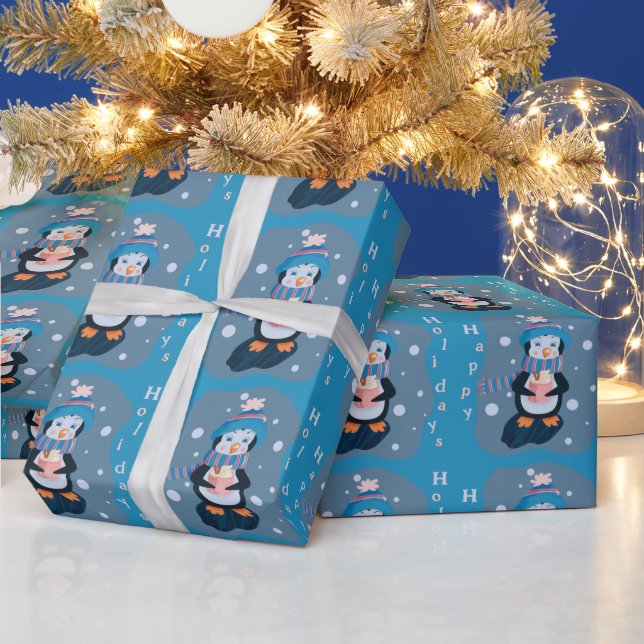 Papier Cadeau Cute Cartoon Penguin Blue Holidays Wrapping Paper (Vacances)