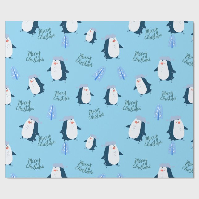 Papier Cadeau Cute Cartoon Penguin Merry Christmas  (Plat)