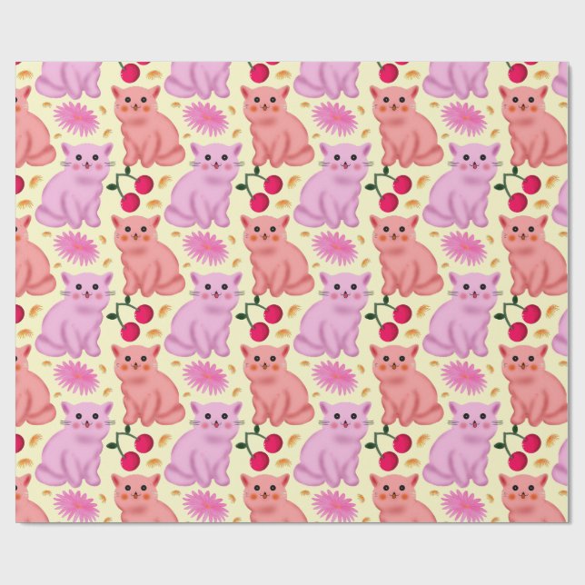 Papier Cadeau Cute Cat Cherry Floral Pattern | Kawaii Kitty  (Plat)