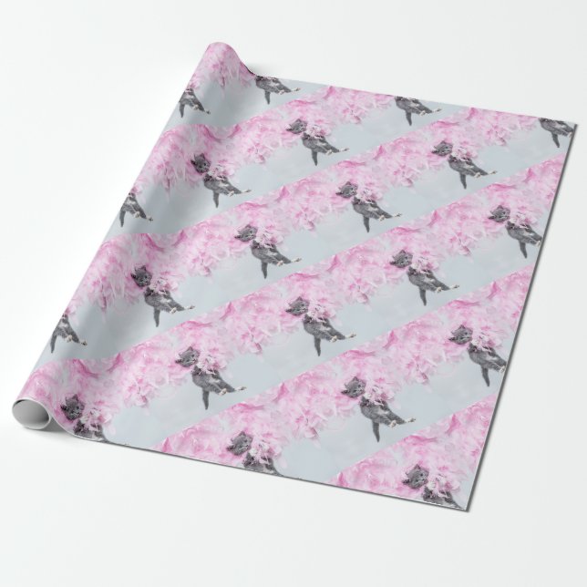 Papier Cadeau Cute Cat rose plume (Déroulé)