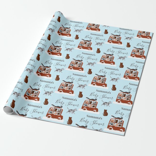 Papier Cadeau Cute Cats in car Winter Birthday Baby Gift (Déroulé)