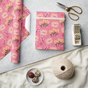 Papier Cadeau Cute Chat et Fleurs