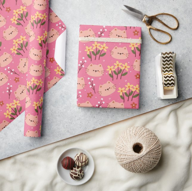 Papier Cadeau Cute Chat et Fleurs (Artisanat)