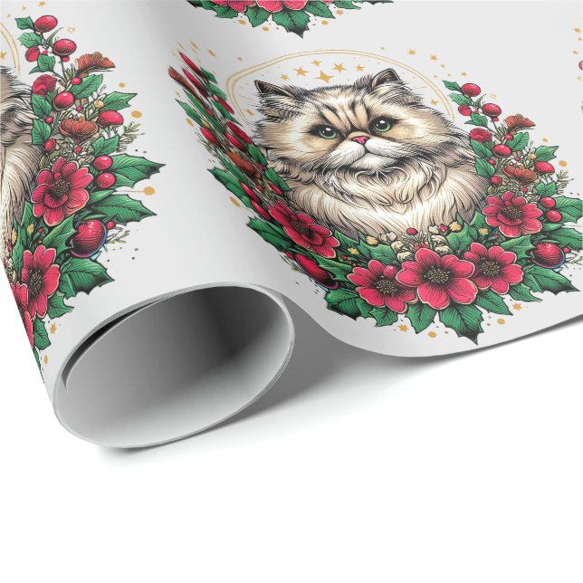 Papier Cadeau Cute Chat Perse, Chatte Perse Floral (Coin rond)