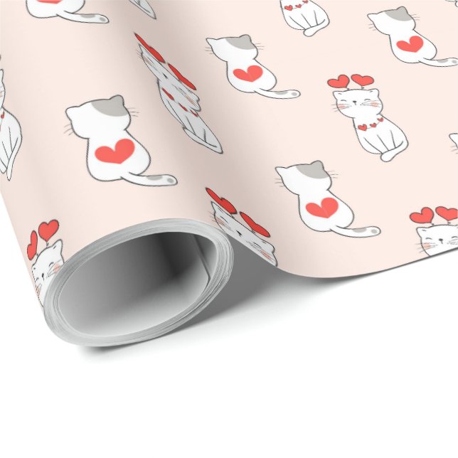Papier Cadeau Cute Chats et Coeurs (Coin rond)