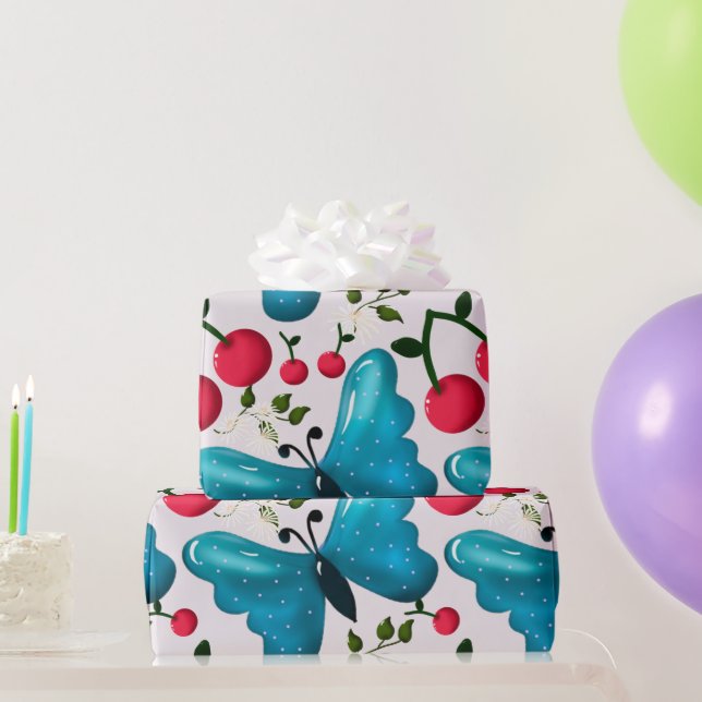 Papier Cadeau Cute Cherry Butterfly Pattern, Glossy Kawaii Fruit (Cadeaux de fête)