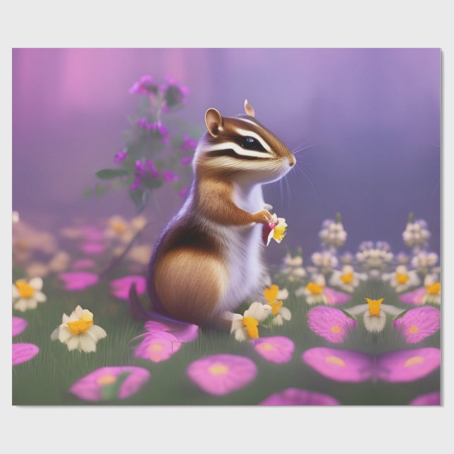 Papier Cadeau Cute Chipmunk en Fleurs (Plat)