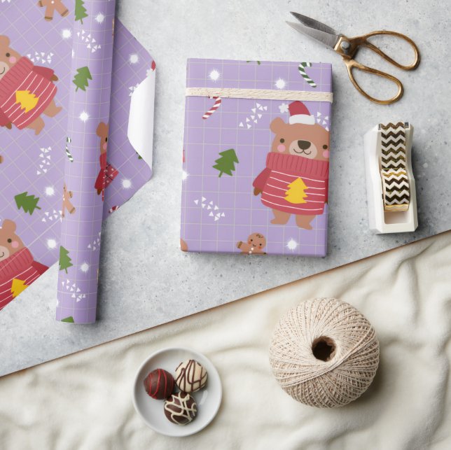 Papier Cadeau Cute Christmas Bear Pattern | Cozy Holiday Winter  (Artisanat)