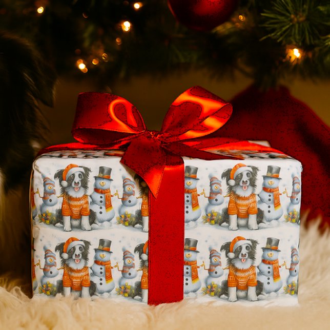 Papier Cadeau Cute Christmas Border Collie Dog and Snowman  (Créateur téléchargé)
