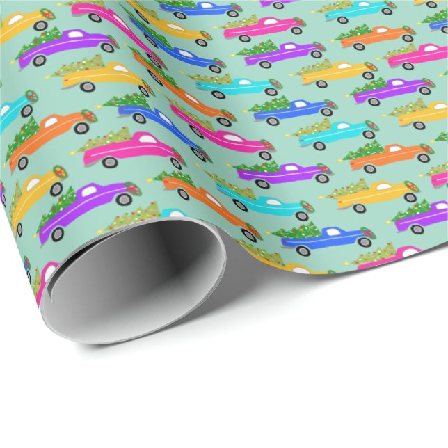 Papier Cadeau Cute Christmas Pickup Trucks Trees Retro Xmas Gift (Coin rond)