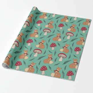 Papier Cadeau Cute Cosy Fox avec champignons. Turquoise.