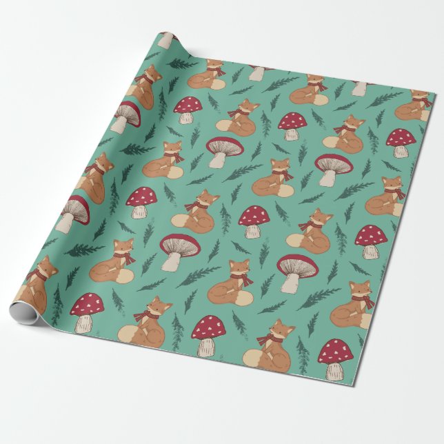 Papier Cadeau Cute Cosy Fox avec champignons. Turquoise. (Déroulé)