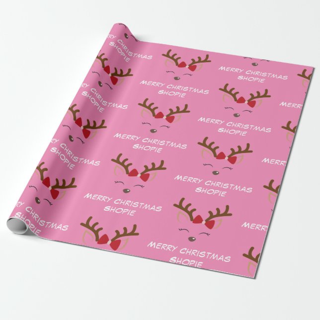 Papier Cadeau Cute Deer Rose Nom personnalisé Cadeau Noël (Déroulé)