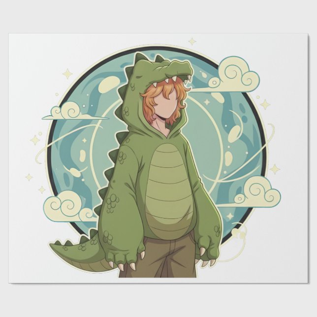 Papier Cadeau Cute Dino Friend Anime Boy - Green Dinosaur (Plat)