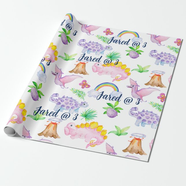Papier Cadeau Cute Dinosaur Aquarelle arc-en-ciel Anniversaire d (Déroulé)