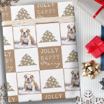 Papier Cadeau Cute Dog Puppy Pet Typography Christmas Tree Photo<br><div class="desc">Cute Dog Pet Typography Christmas Tree Photo Wrapping Paper. Beige and white background with snowflakes and a simple Christmas tree. White Merry, Happy, Jolly typography. The design has a custom photo of a dog puppy - insert your favorite dog or any other pet photo into the template and make your...</div>